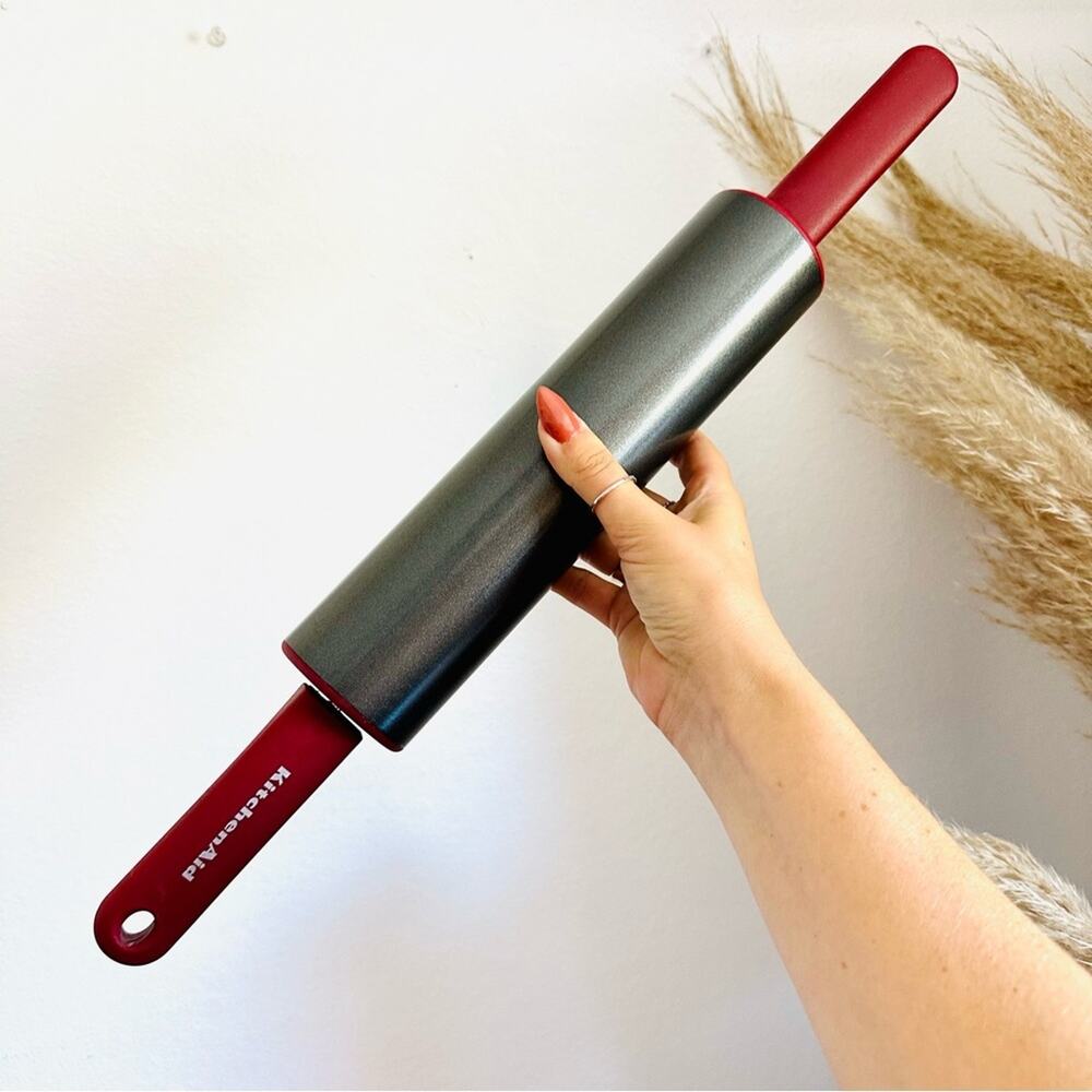 NEW KITCHENAID Red Burgundy Silver Steel Rolling Pin Wide Barrel Kitchen Tool